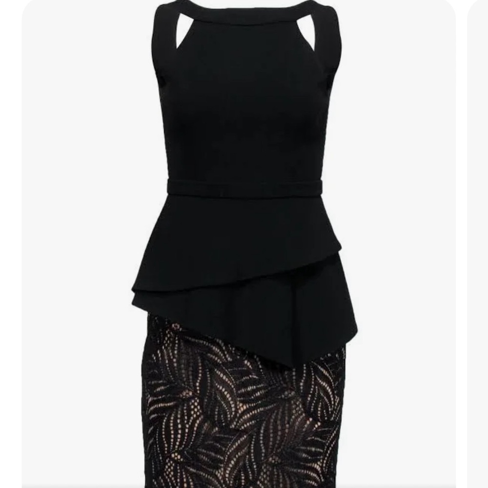 BCBG Maxazria black peplum dress with lace. Size 10